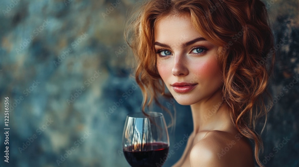 Elegant portrait of a young woman with wavy auburn hair holding a glass of red wine against a textured background, exuding beauty and sophistication. Elegant portrait of a young woman with wavy auburn hair holding a glass of red wine against a textured background, exuding beauty and sophistication.