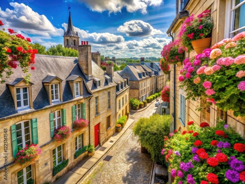 Aerial view: Bayeux's cobbled streets, floral facades, and the iconic Tapestry Museum showcased. photo