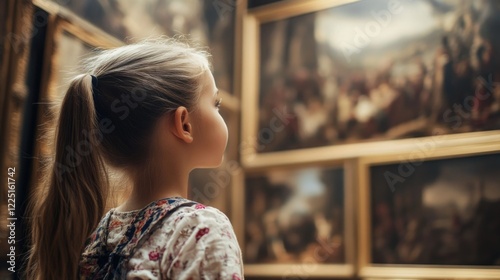 Tweenage girl admiring historical paintings in art gallery with wooden frames and soft lighting, exploring cultural heritage and artistry indoors. photo