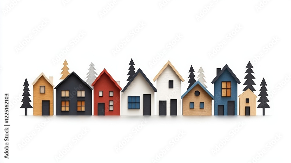 Colorful Wooden Houses in a Row with Pine Trees on White Background for Creative Designs