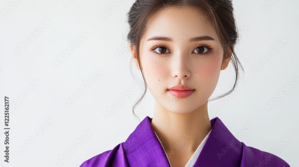 Young Asian woman in a vibrant purple kimono with intricate details, set against a clean white background, exuding elegance and grace. Young Asian woman in a vibrant purple kimono with intricate details, set against a clean white background, exuding elegance and grace.