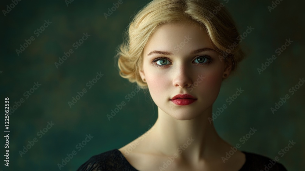 Fototapeta premium Young blonde woman with elegant hairstyle and striking blue eyes in soft focus portrait against a rich dark green backdrop showcasing timeless beauty.
