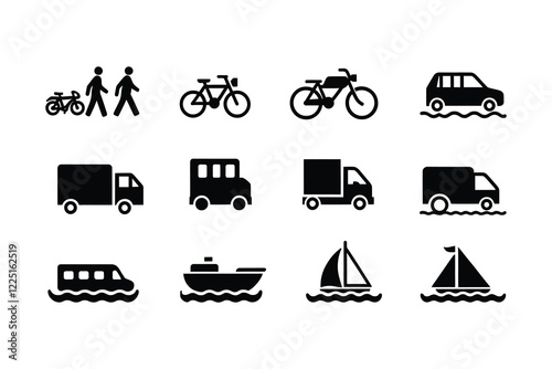 Transportation Icon Set: Flat transport icons featuring walk, bicycle, motorcycle, train, car, truck, airplane, bus, ship, sailboat, and aircraft for delivery.