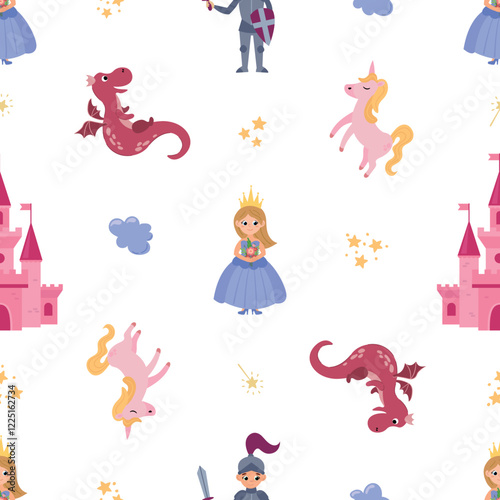 Seamless pattern with princesses, knights and dragons. Design of fabric, textiles, wallpaper, packaging
