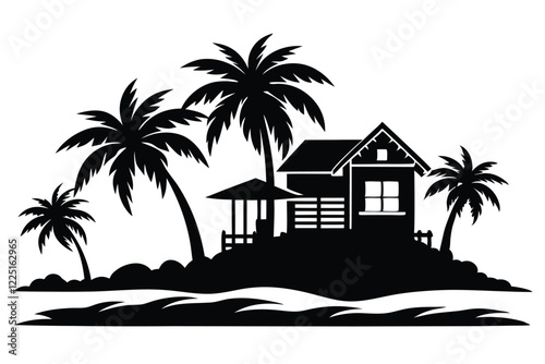 Silhouette of a tropical gazebo on a hill with palm trees
