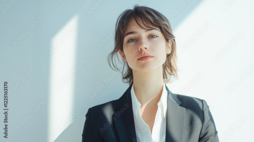 Young white business woman with short hair confidently posing in modern office attire against bright white background, representing corporate success and professionalism. Young white business woman with short hair confidently posing in modern office attire against bright white background, representing corporate success and professionalism.