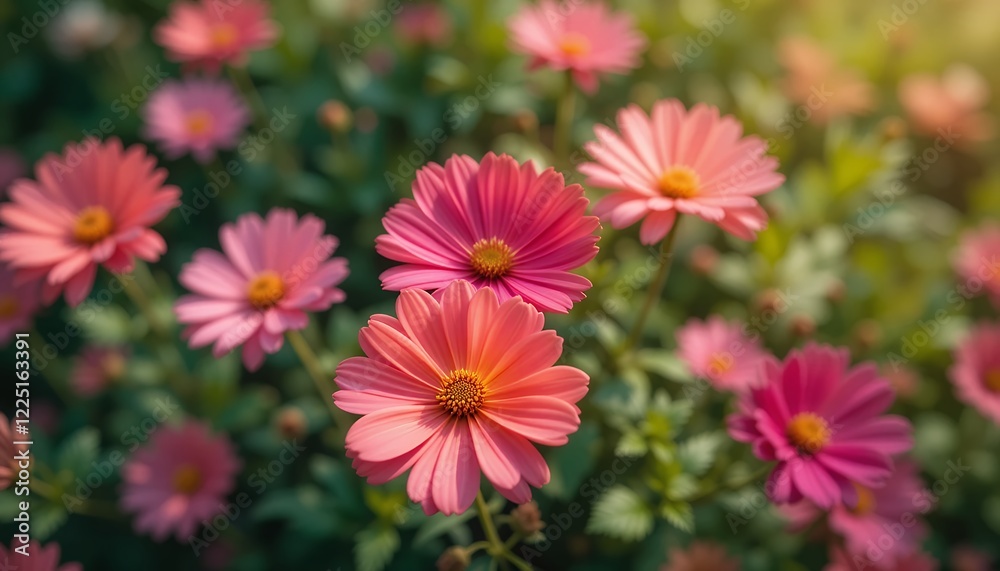 Obraz premium A beautiful close-up of pink and orange daisies in a lush green garden