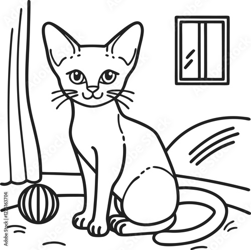 Cute Cat Sitting with Yarn in Room Line Art Illustration, Cozy Home, Minimalist Design, Pet Love