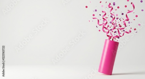Pink Party Popper with Confetti and Streamers Exploding on White Background