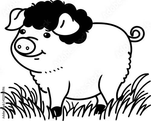 Mangalica pig with curly hair standing in a grassy field, vector illustration, farm animal, livestock, agriculture