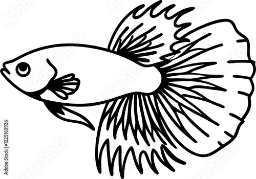 Line art illustration of a betta fish with flowing fins, aquatic life, minimalistic, black and white design