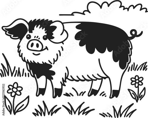 Cute black and white pig in a grassy field with flowers, , vector illustration, farm animal, nature