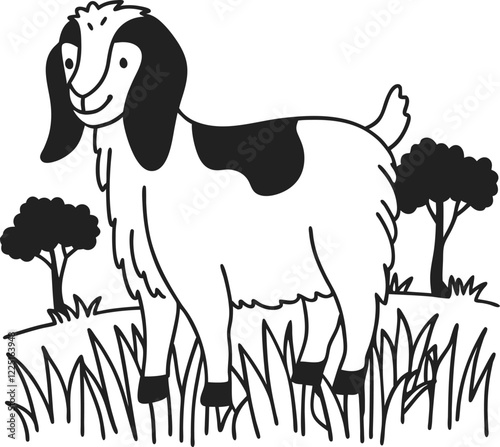 Smiling goat in a grassy field with distant trees, nature, wildlife, countryside, cute vector illustration