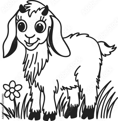 Cute baby goat standing in a field with a flower, children's illustration, line art, nature theme