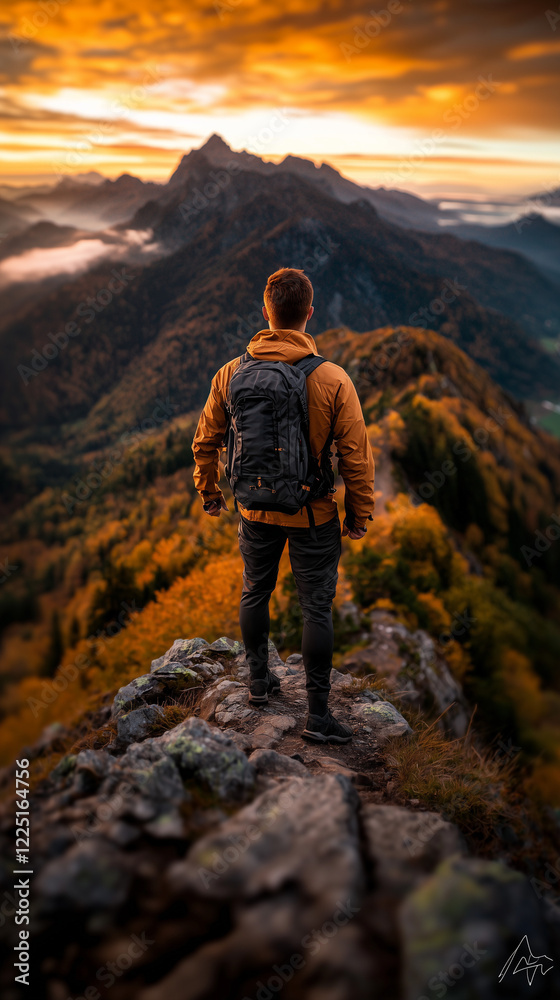 Fototapeta premium Fit Individual Standing Victorious on a Mountain Peak