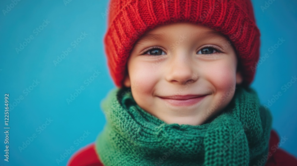 Close-up portrait of smiling Caucasian boy wearing a bright red knitted hat and green scarf against a vibrant blue background showcasing winter warmth and style Close-up portrait of smiling Caucasian boy wearing a bright red knitted hat and green scarf against a vibrant blue background showcasing winter warmth and style