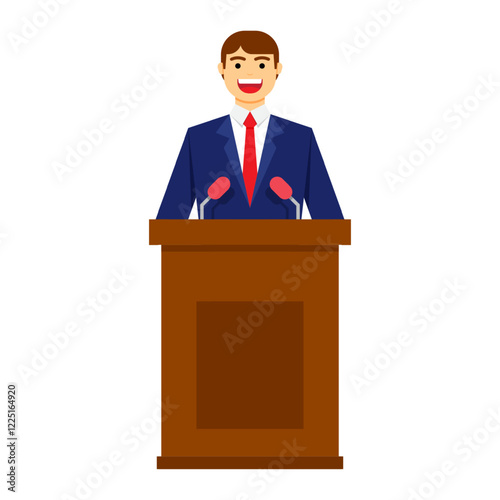 Vector illustration of man standing on podium and giving speech on transparent background