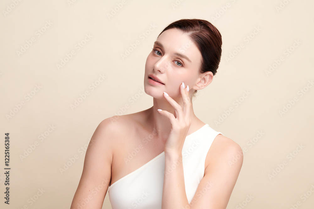 Beautiful young woman with clean fresh skin on beige background, Face care, Facial treatment, Cosmetology, beauty and spa, women portrait. Beautiful young woman with clean fresh skin on beige background, Face care, Facial treatment, Cosmetology, beauty and spa, women portrait.