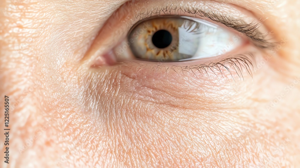 Fototapeta premium Facial skin texture concept. Detailed macro photo of crow s feet around the eyes, intricate skin texture, soft lighting, sharp focus, hyperrealism
