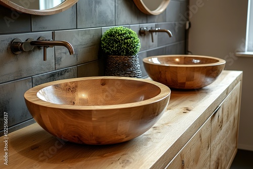Modern bathroom with two wooden sinks sleek faucets and a natural aesthetic The dark grey tiles add a sophisticated touch