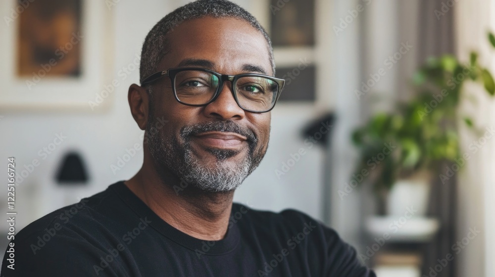 Waist up portrait of mature Black man with glasses smiling indoors in modern home interior with natural light and greenery visible Waist up portrait of mature Black man with glasses smiling indoors in modern home interior with natural light and greenery visible