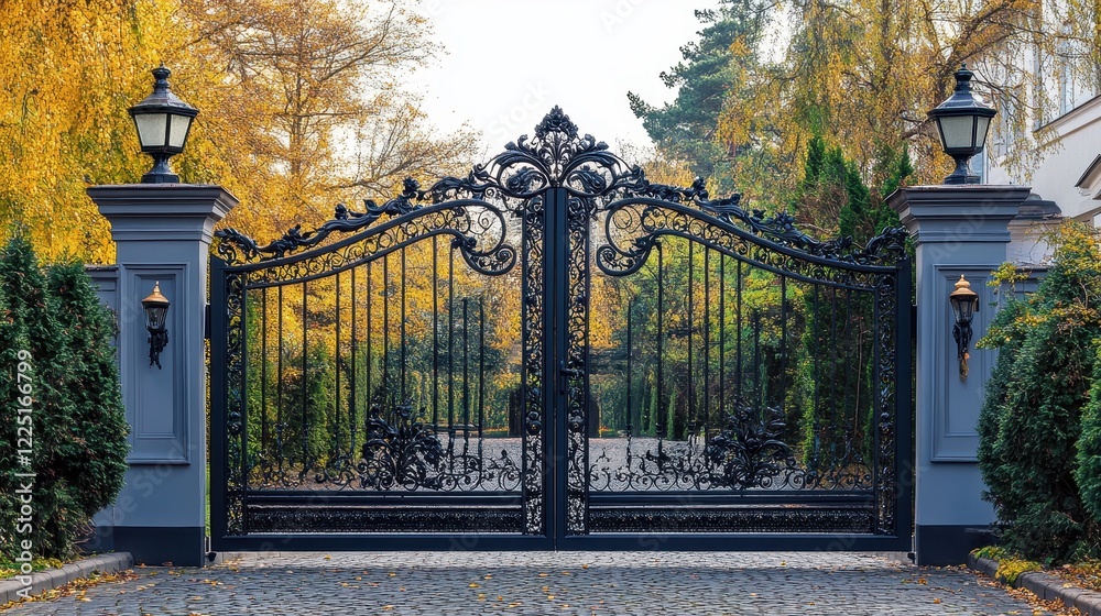 Fototapeta premium Ornate black wrought-iron gate with lamps. Ideal for concepts of luxury, security, and exclusivity.