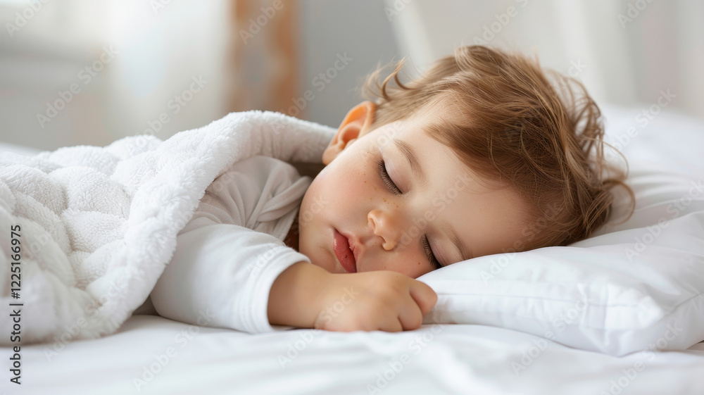 toddler peacefully asleep under soft white blanket, resting on pillow in cozy bedroom setting. serene expression on child face conveys sense of calm and tranquility toddler peacefully asleep under soft white blanket, resting on pillow in cozy bedroom setting. serene expression on child face conveys sense of calm and tranquility
