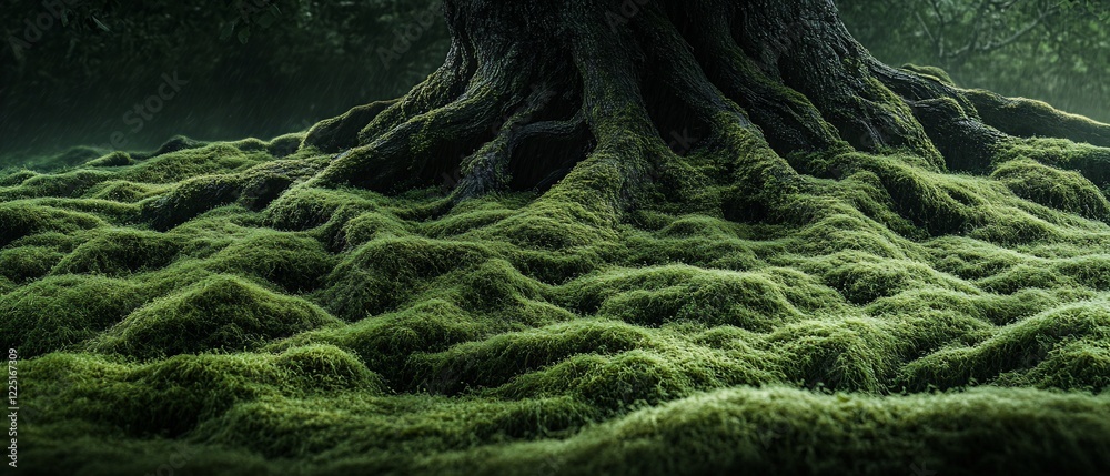 Mossy forest floor with ancient tree roots Mossy forest floor with ancient tree roots