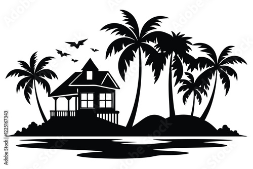 Tropical island and beach house silhouette clipart black and white vector illustration