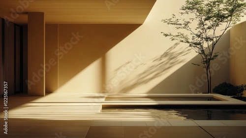 Minimalist courtyard with sunlight, water feature, and tree.