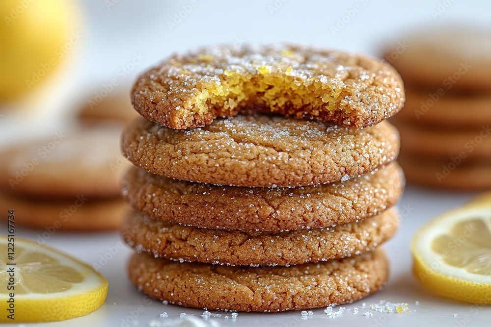A tempting stack of subtly sweet lemon cookies delicately dusted with sugar One cookie shows a delightful bite taken out A tempting stack of subtly sweet lemon cookies delicately dusted with sugar One cookie shows a delightful bite taken out