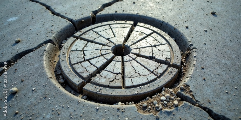 Fototapeta premium Sun-baked, cracked pavement reveals a weathered, segmented circular structure with a central aperture.