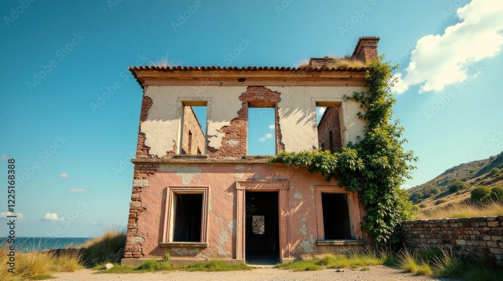 Ruins of a coastal dwelling, weathered brick facade, overgrown with vegetation, overlooking a tranquil sea under a vibrant summer sky Ruins of a coastal dwelling, weathered brick facade, overgrown with vegetation, overlooking a tranquil sea under a vibrant summer sky