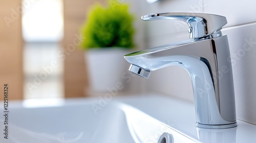Modern chrome faucet with soft focus on green plant in contemporary bathroom setting
