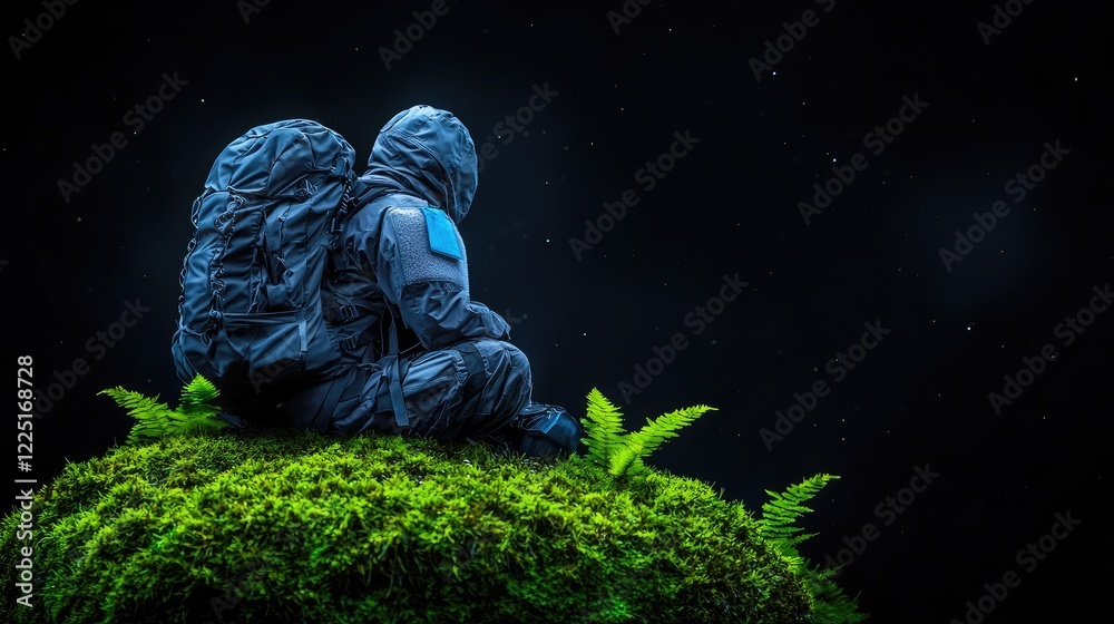 Astronaut rests on mossy hilltop, starlit night sky. Use Space exploration, adventure Astronaut rests on mossy hilltop, starlit night sky. Use Space exploration, adventure