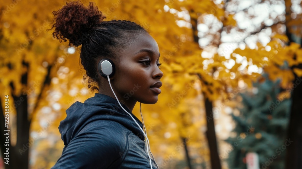 Young woman with curly hair enjoying music through earphones while jogging in a vibrant autumn park filled with yellow and orange foliage. Young woman with curly hair enjoying music through earphones while jogging in a vibrant autumn park filled with yellow and orange foliage.