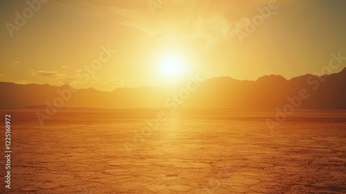 Desert sunset landscape with mountains.