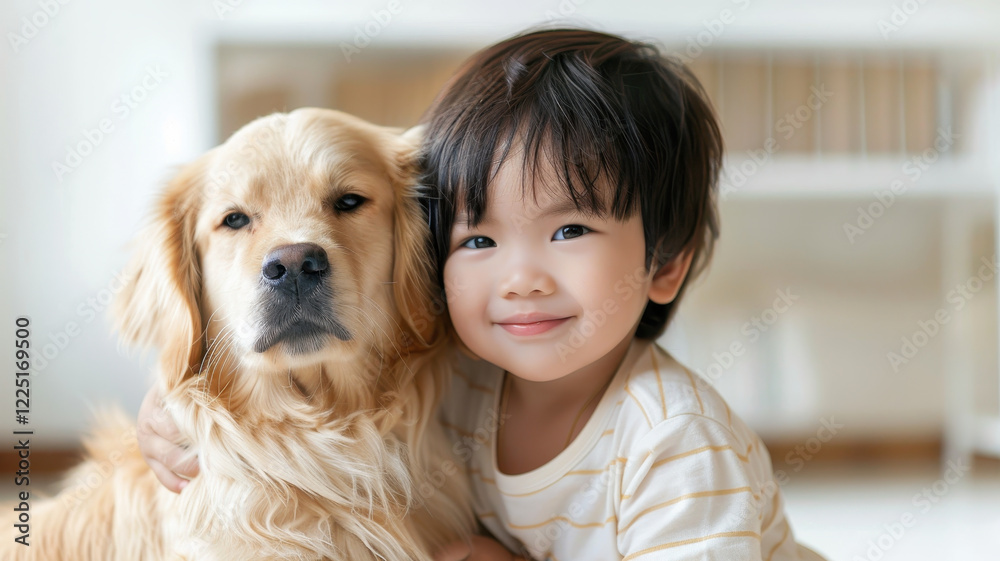 toddler and golden retriever share tender moment, showcasing their bond in cozy home setting. child smiles warmly while hugging dog, highlighting friendship and innocence