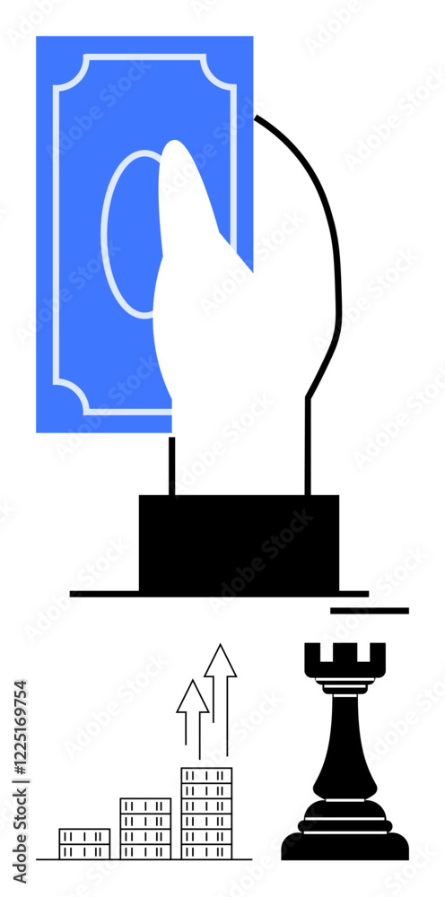 Hand holding blue currency note, chess rook symbolizing strategy, buildings with growth arrows indicating economic development and business success. Ideal for finance, investment, strategy, planning
