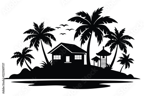 Tropical island and beach house silhouette