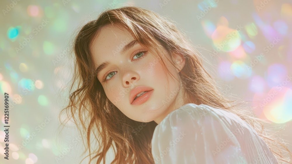 Close-up portrait of a young woman with wavy hair, looking directly at the camera, against a dreamy, iridescent background. Close-up portrait of a young woman with wavy hair, looking directly at the camera, against a dreamy, iridescent background.