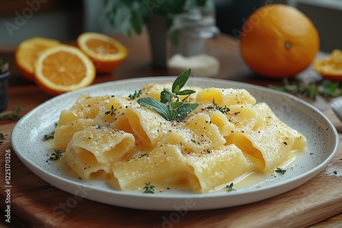 A plate of pasta with a creamy citrus sauce garnished with herbs Oranges are in the background