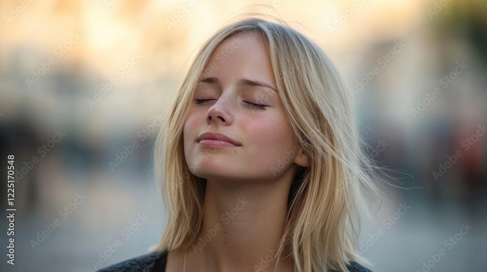 Obraz premium Young blonde woman with closed eyes enjoying fresh air in a vibrant urban street setting, soft golden background hues, serene and relaxed expression.