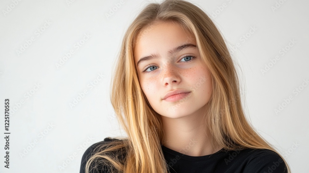Young blonde female student with long hair posing thoughtfully against a light background expressing uncertainty and contemplation.