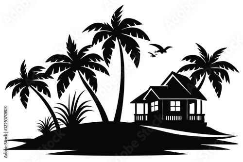 Tropical island and beach house silhouette