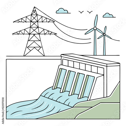 Hydro Energy System Vector Art for Sustainable Waterpower and Renewable Solutions