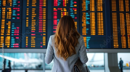 young businesswoman with long brown hair in gray blazer checking flight information at airport terminal against large digital display board photo