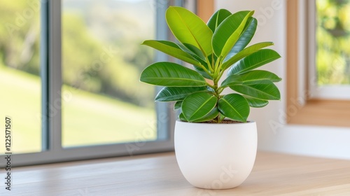 Vibrant rubber plant in white pot by sunlit window with green hills in the background