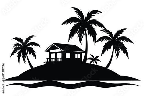 Tropical island and beach house silhouette