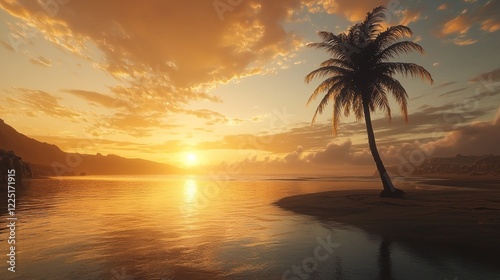 Golden sunset over tranquil beach with single palm tree.